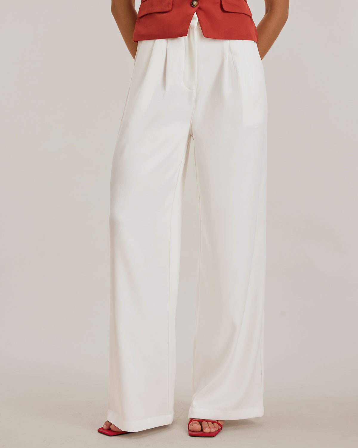 White Ruched Straight Pants
