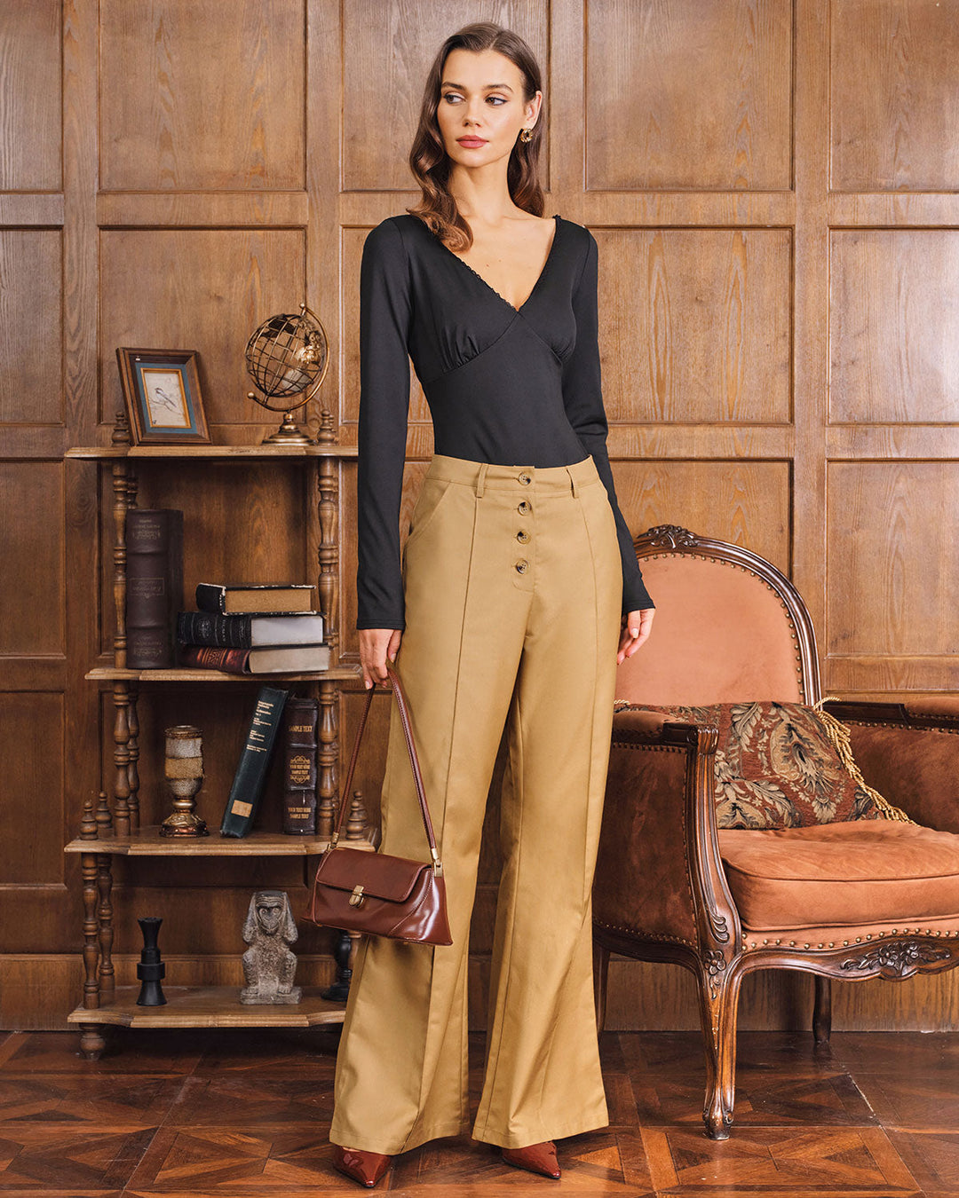 Khaki Natural Waisted Pocket Flared Pants