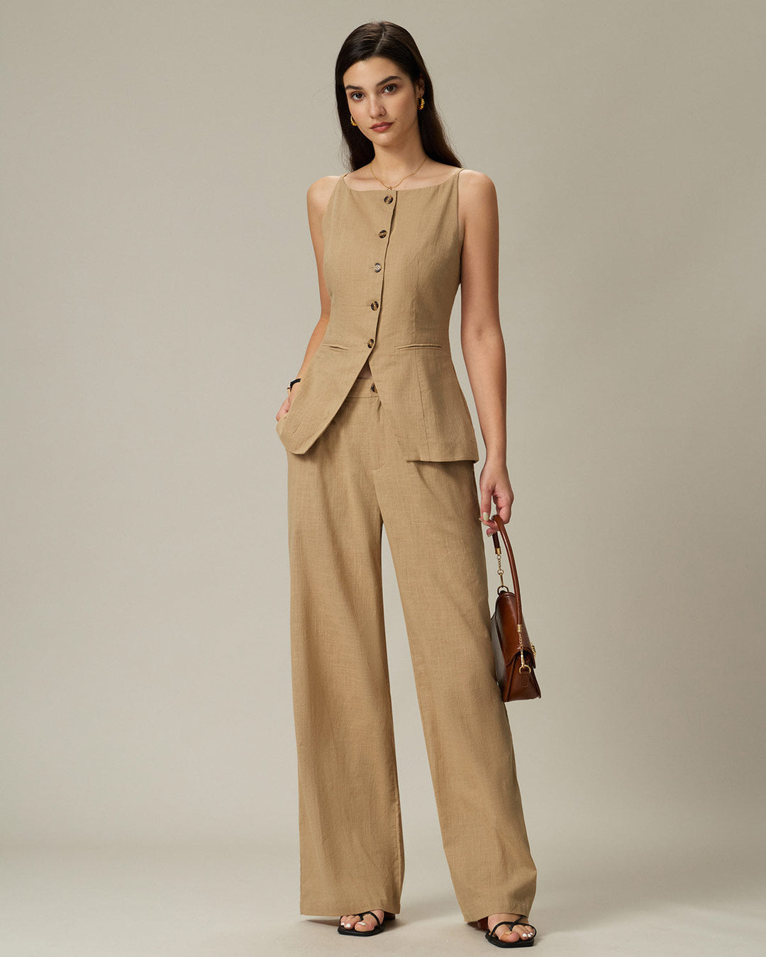 Brown Elastic Waist Pocket Straight Pants