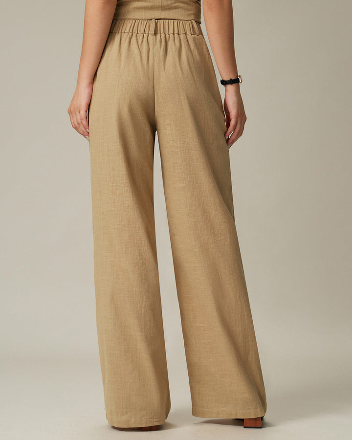 Brown Elastic Waist Pocket Straight Pants