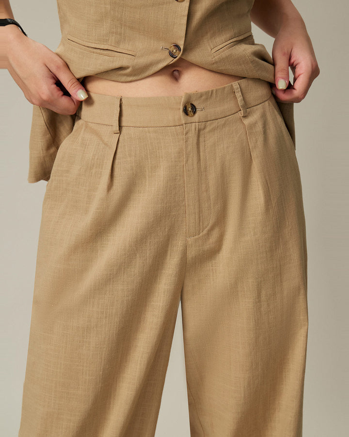 Brown Elastic Waist Pocket Straight Pants
