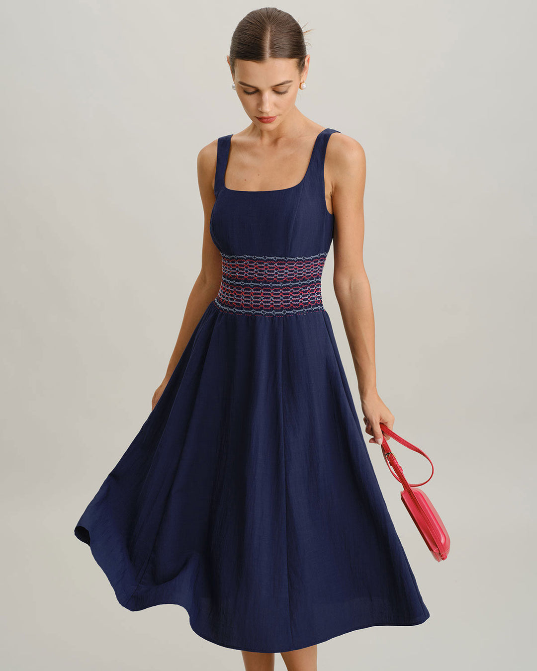 Blue Square Neck Shirred A-Line Slip Midi Dress