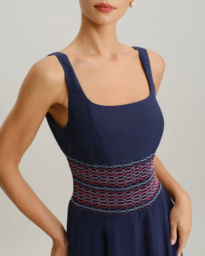 Blue Square Neck Shirred A-Line Slip Midi Dress