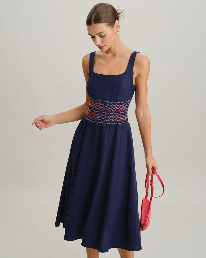 Blue Square Neck Shirred A-Line Slip Midi Dress