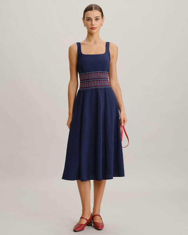 Blue Square Neck Shirred A-Line Slip Midi Dress