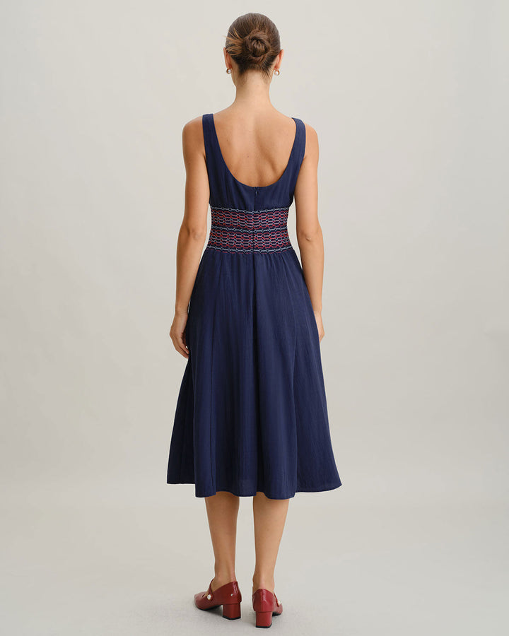Blue Square Neck Shirred A-Line Slip Midi Dress